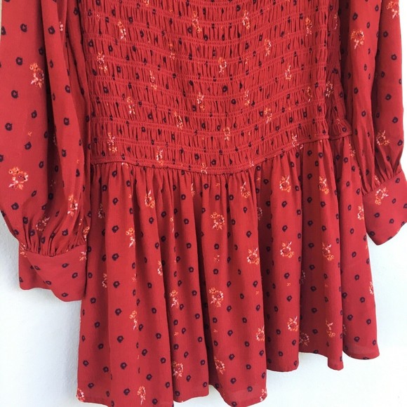 Free People Two Faces Mini Dress Size M Red Smocked Square Neck Cottage Boho - Picture 7 of 10
